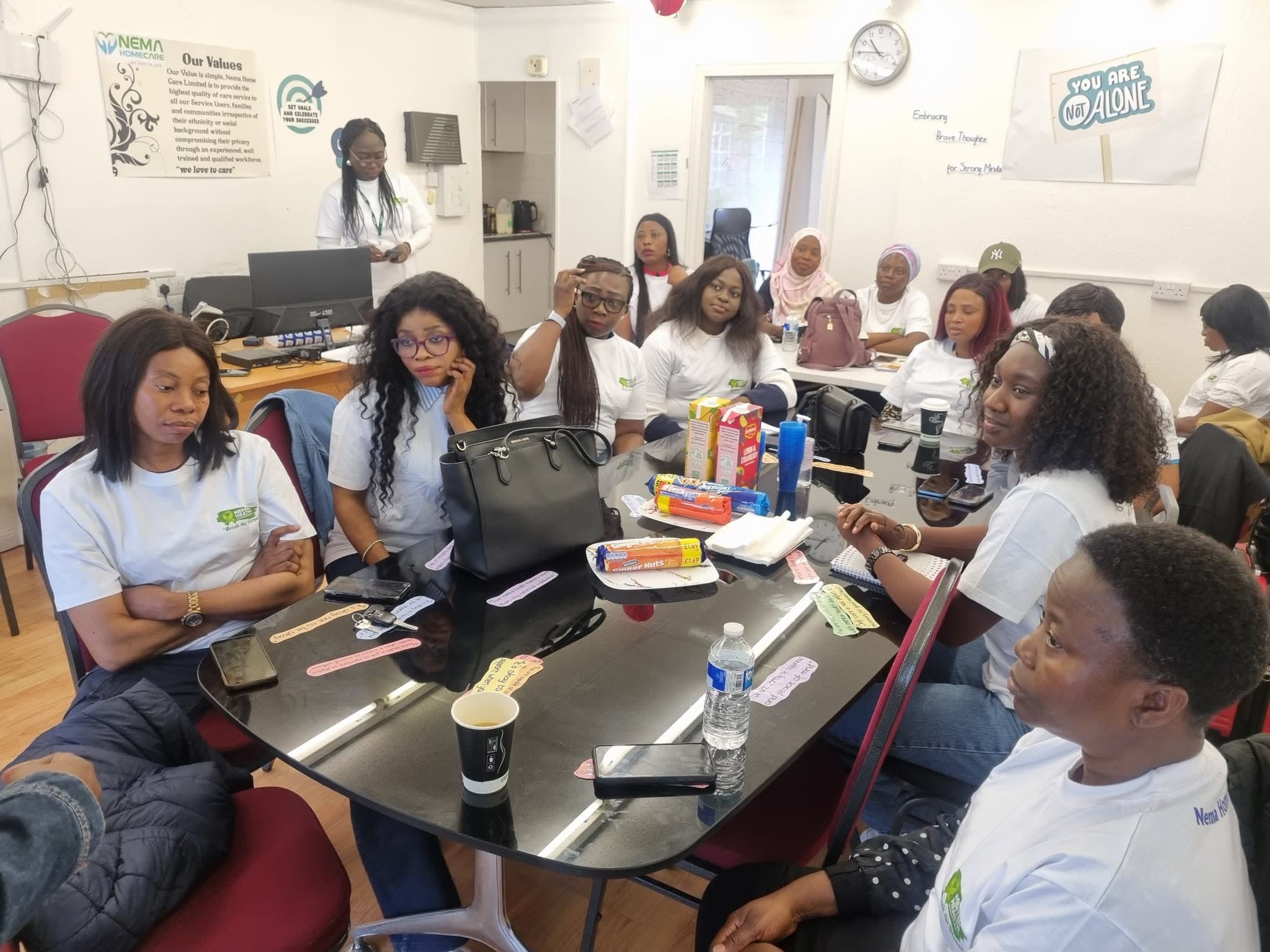 Nema carers seated around tables during a training day